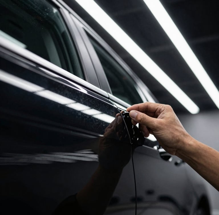 Close-up of a detailing technician inspecting a car door panel under bright white parallel LED light bars, showing perfect reflection