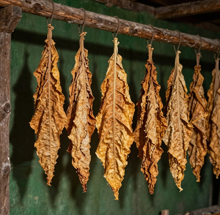 Close-up of golden-brown cured Burley tobacco leaves drying in a rustic wooden barn, soft Scandinavian daylight casting long shadows, high-contrast agricultural editorial style.