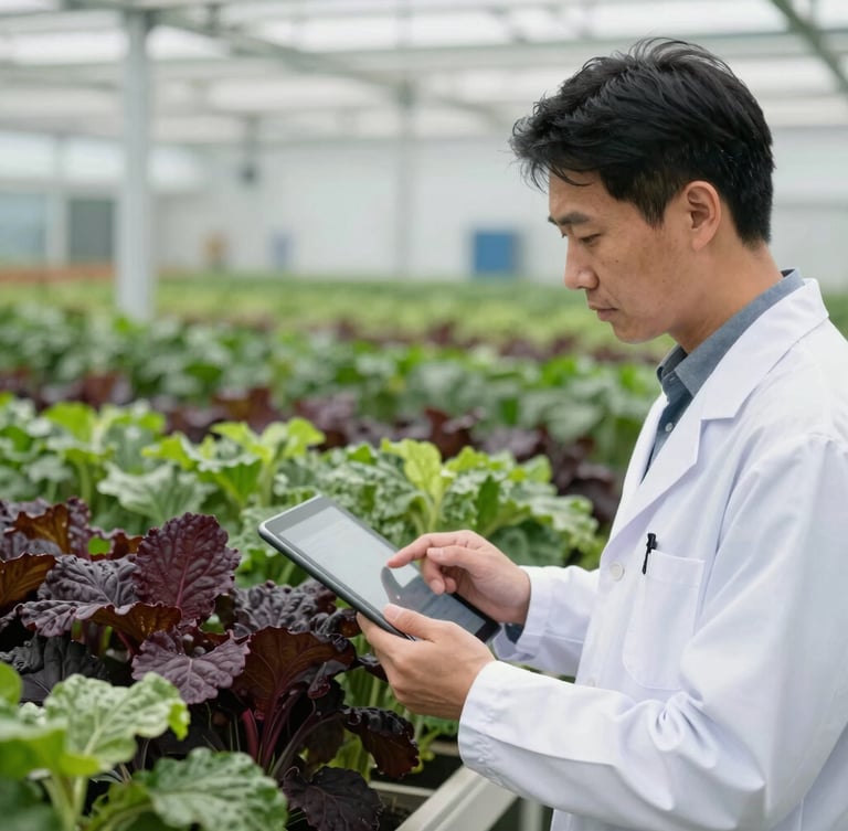 A professional agricultural inspector in a clean modern facility reviewing crop quality on a digital tablet, soft side lighting