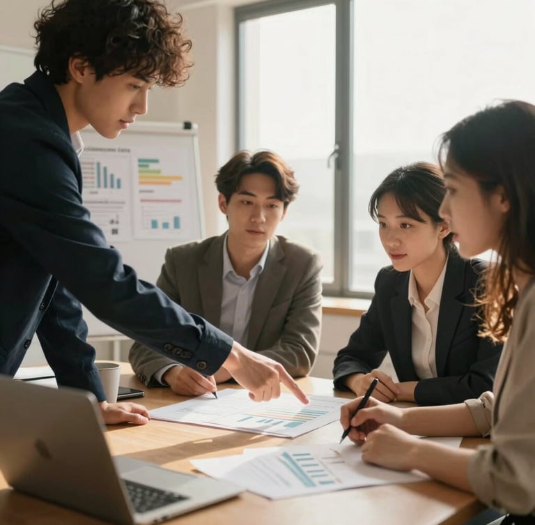 Warm editorial photography of a dynamic corporate workshop, young professionals collaborating around a wooden table with charts, natural window light, deep charcoal and soft gold tones, 35mm lens, focused on hands pointing to a board
