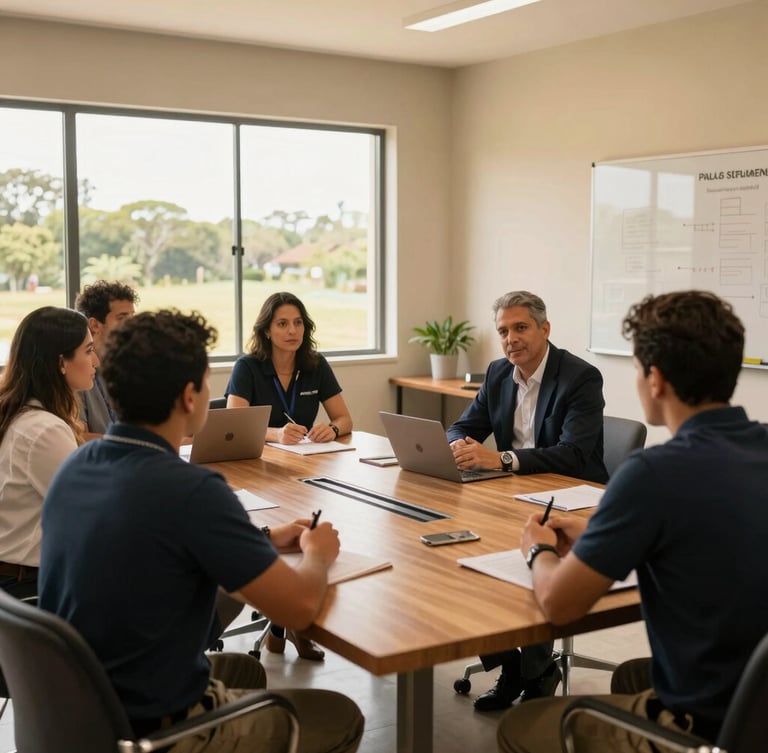 Wide environmental shot of a modern training workspace in Brazil, natural window light illuminating a structured team discussion around a wooden table, professional and warm.
