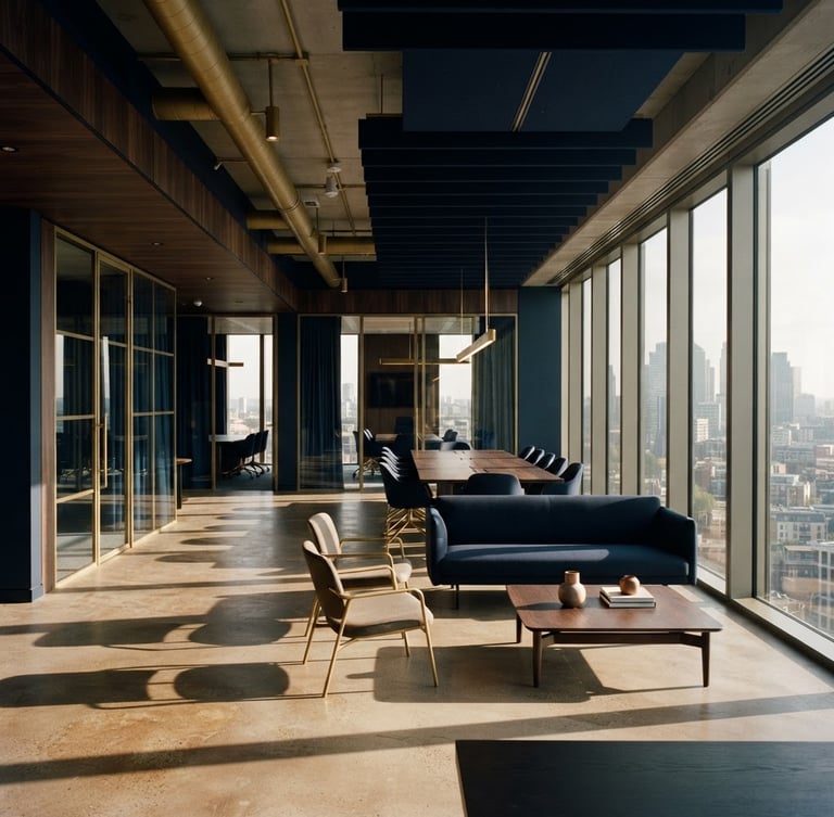 Wide panoramic office interior with modern architectural details, strong directional window light creating sharp shadows, deep navy and matte gold tones, no people, 35mm