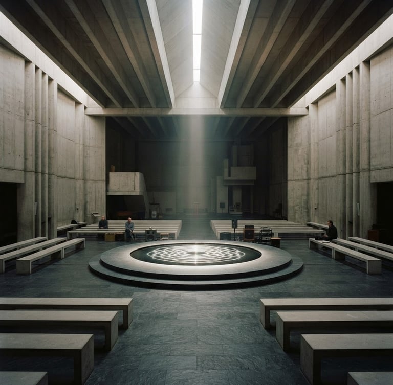 Wide panoramic view of a brutalist listening sanctuary, single shaft of diffused morning light illuminating geometric water cymatics on a central platform, low contrast, alabaster and slate tones, 35mm film.