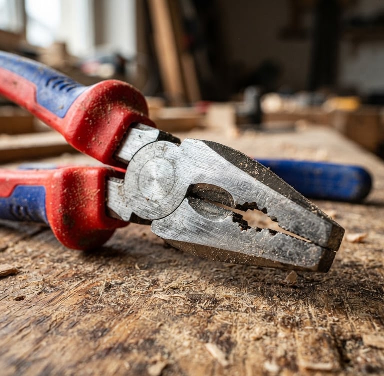 Extreme close-up of a rugged red and blue EMTOP combination pliers, high-contrast workshop lighting, steel jaws catching bright daylight, sawdust on a wood workbench.
