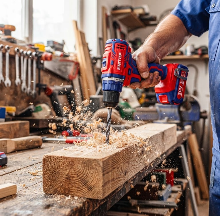 Action shot of a vibrant red and blue EMTOP cordless drill drilling into thick timber, wood shavings flying, bright workshop daylight