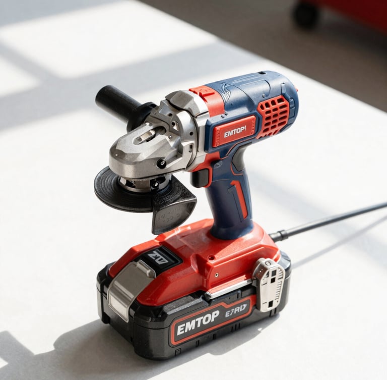 A sleek 20V EMTOP battery pack clicking into a cordless angle grinder, bright workshop daylight, high-contrast, sharp industrial details.