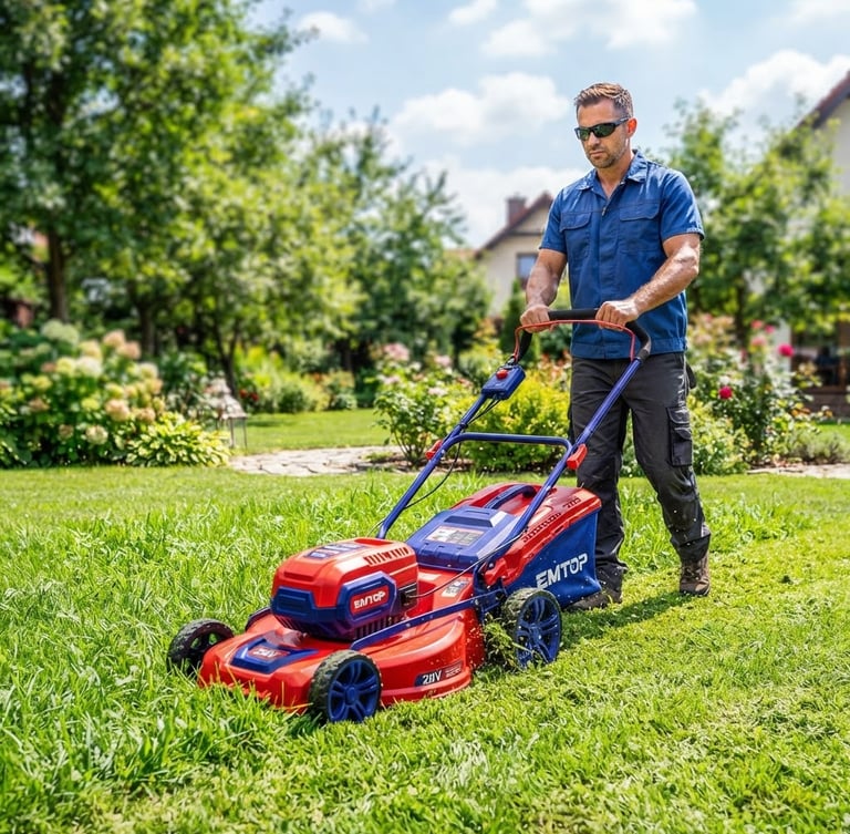 A bright, high-contrast outdoor scene of a person using a red and blue EMTOP cordless lawnmower on a lush green lawn, bright daylight, sharp industrial details