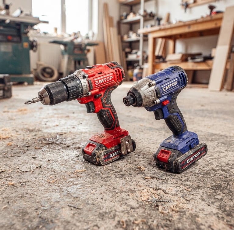 Sharp industrial photography of red and blue EMTOP cordless drill and impact driver resting on a concrete workshop floor, bright daylight, sawdust details