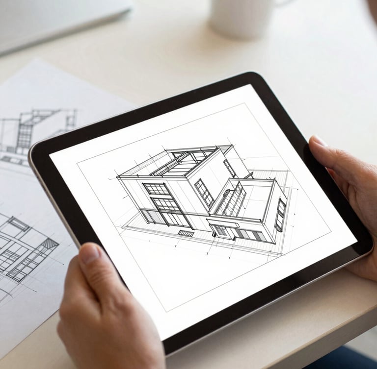 Close-up of digital wireframes on a tablet held by a professional in a bright corporate office, architectural lines, 35mm