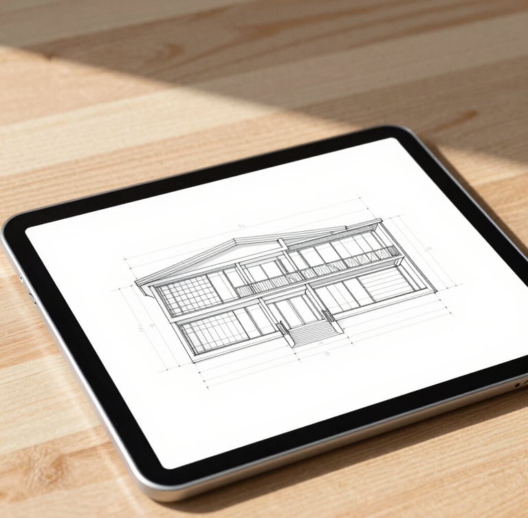 A close-up of a digital tablet showing architectural wireframes on a clean wooden desk, bright natural daylight casting soft shadows, minimalist corporate style.