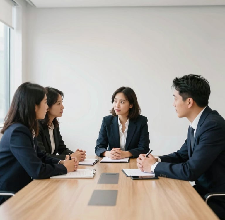 Bilingual corporate professionals in a collaborative, non-staged discussion inside a bright meeting room with soft daylight, 35mm.