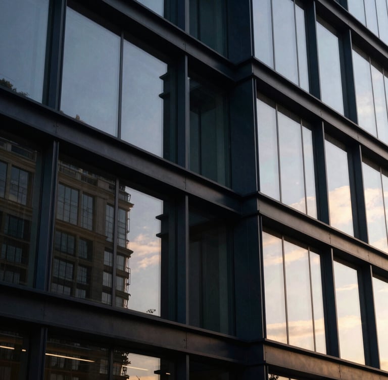 Close-up of modern architectural steel and glass structure, dramatic golden-hour reflections, sharp focus, 35mm