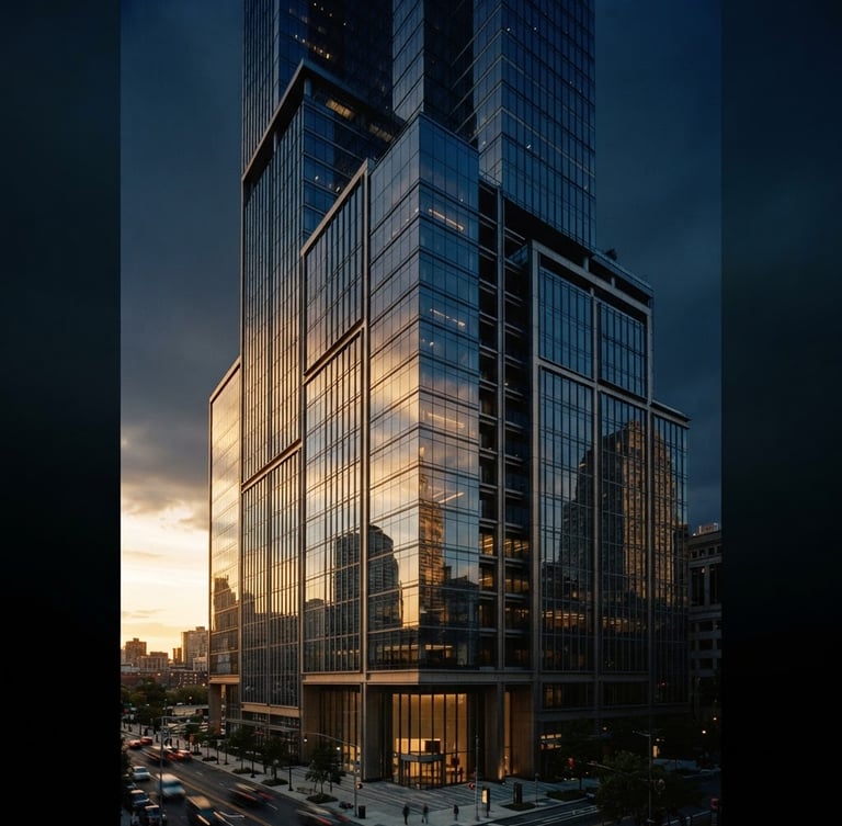 Cinematic corporate photography of modern architectural steel and glass skyscraper reflecting golden hour light, deep navy tones, sharp focus, 35mm