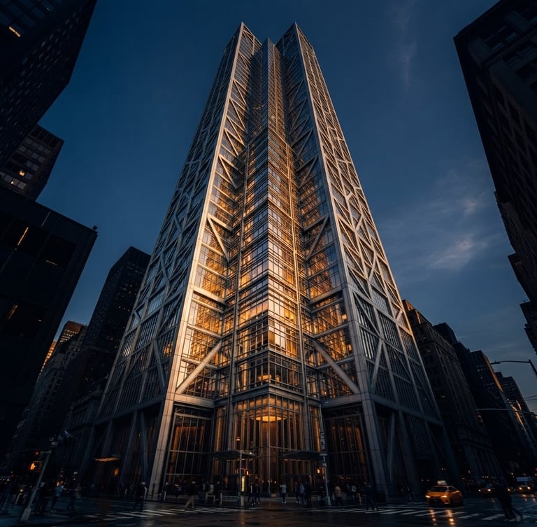 Dramatic low angle architectural photograph of a modern steel and glass skyscraper, deep navy shadows, warm golden hour reflections on the facade, sharp 35mm focus