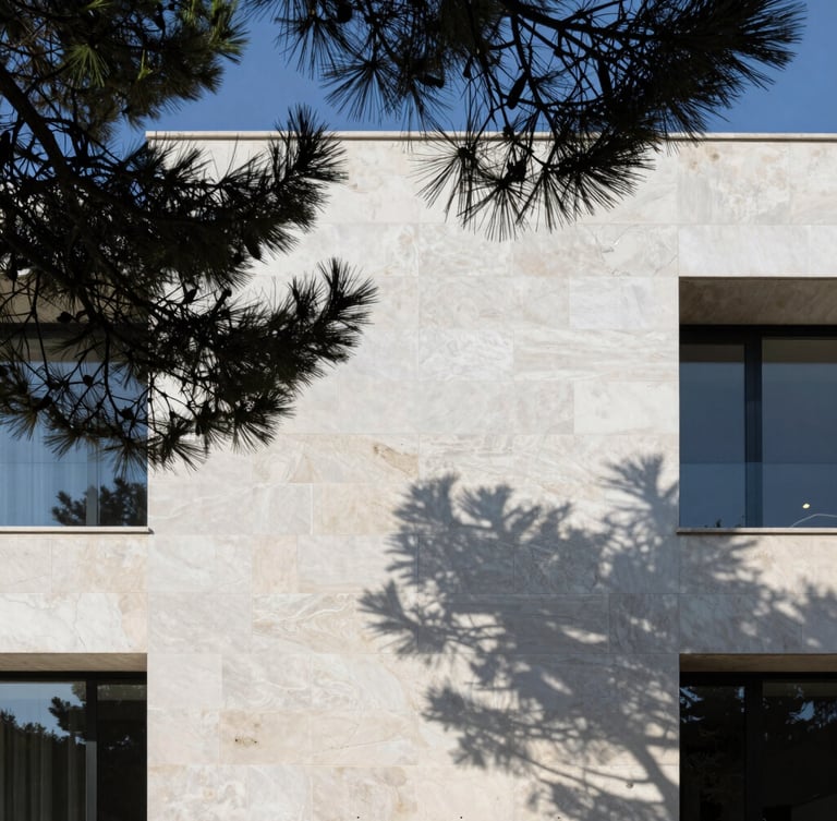 Architectural elevation of a modernist villa facade made of white Brač limestone, sharp shadows from Mediterranean pine branches, minimalist design.