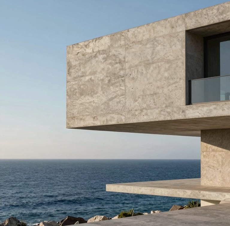 Minimalist concrete and limestone villa cantilevered over the deep blue Adriatic sea, soft morning light, architectural elevation, negative space on the left.