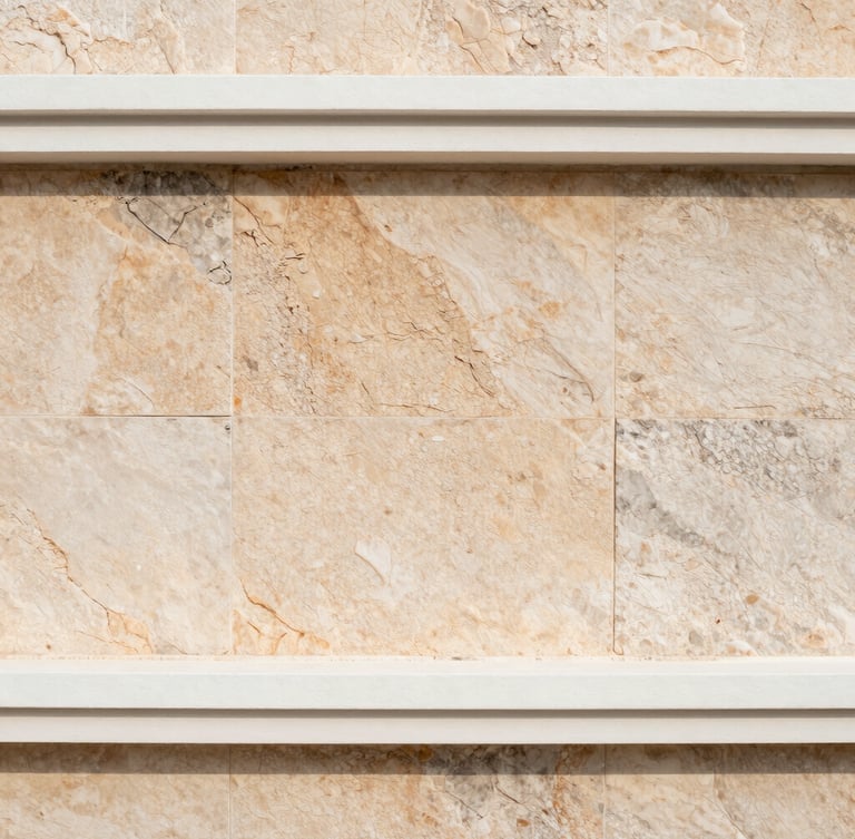 Wide panoramic 21:9 framing, extreme close-up of warm Brač limestone texture and crisp white architectural lines, soft natural light, off-center composition.