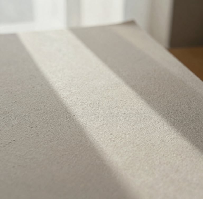 Close-up of textured handmade paper with delicate blind debossing under soft morning window light, neutral tones