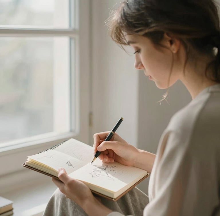 An unposed portrait of a female designer sketching in a notebook, soft morning window light, warm neutral tones, shallow depth of field, 35mm photography