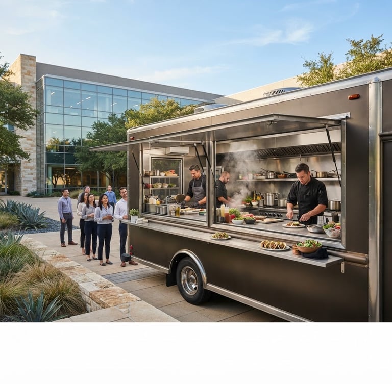 A clean, branded commercial catering truck parked at a modern Texas corporate venue, bright natural daylight, rich warm tones, professional logistics styling.