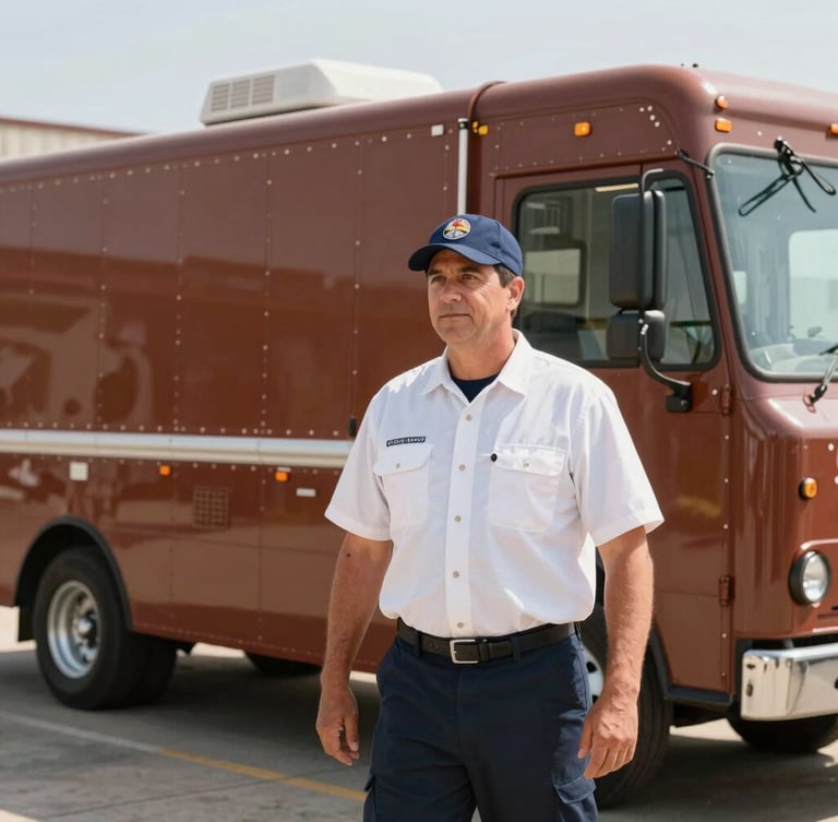 A professional logistics manager in a clean uniform standing next to a large commercial mobile kitchen, bright Texas daylight, sharp focus