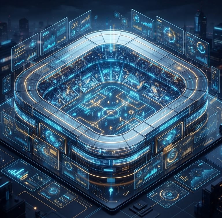 Premium 3D render of an isometric digital sports stadium interface with glowing neon blue and gold data streams, sleek glassmorphism panels, dark luxury navy lighting