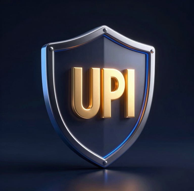 Premium 3D render of a secure shield integrated with a glowing golden UPI symbol, dark luxury navy background, high-contrast neon blue lighting