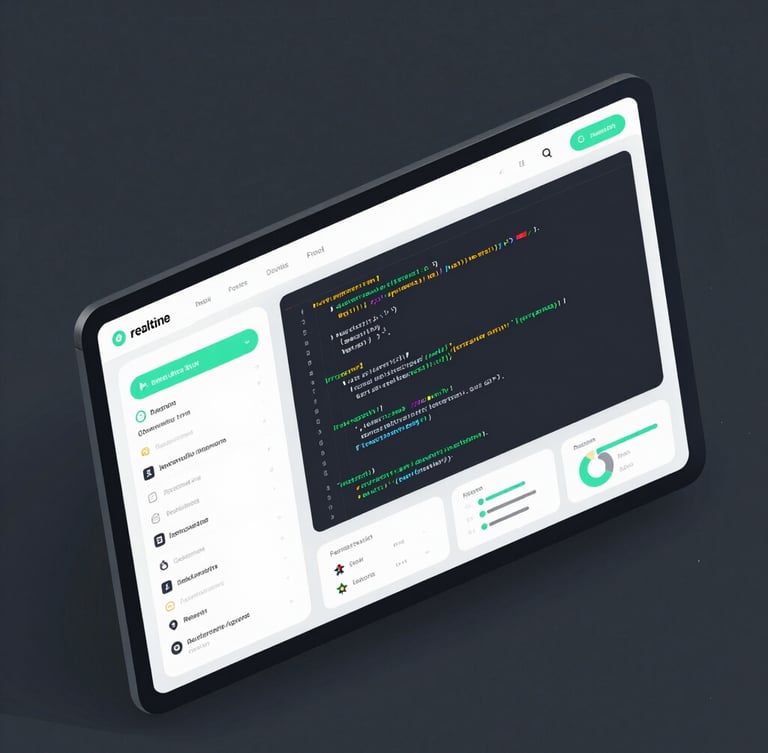 Isometric dark-mode interface mockup of a high-performance web dashboard, displaying real-time analytics and clean code blocks, sharp electric mint highlights, dark slate gray background, directional studio lighting.