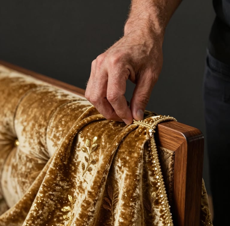 Close-up of a craftsman's hands carefully pulling gold-threaded velvet fabric over a solid mahogany sofa frame, dramatic side lighting, dark moody studio background.