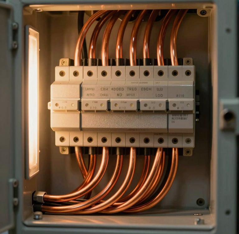Close-up macro shot of clean, perfectly combed copper wiring inside an industrial electrical panel, illuminated by warm, high-contrast work lights.
