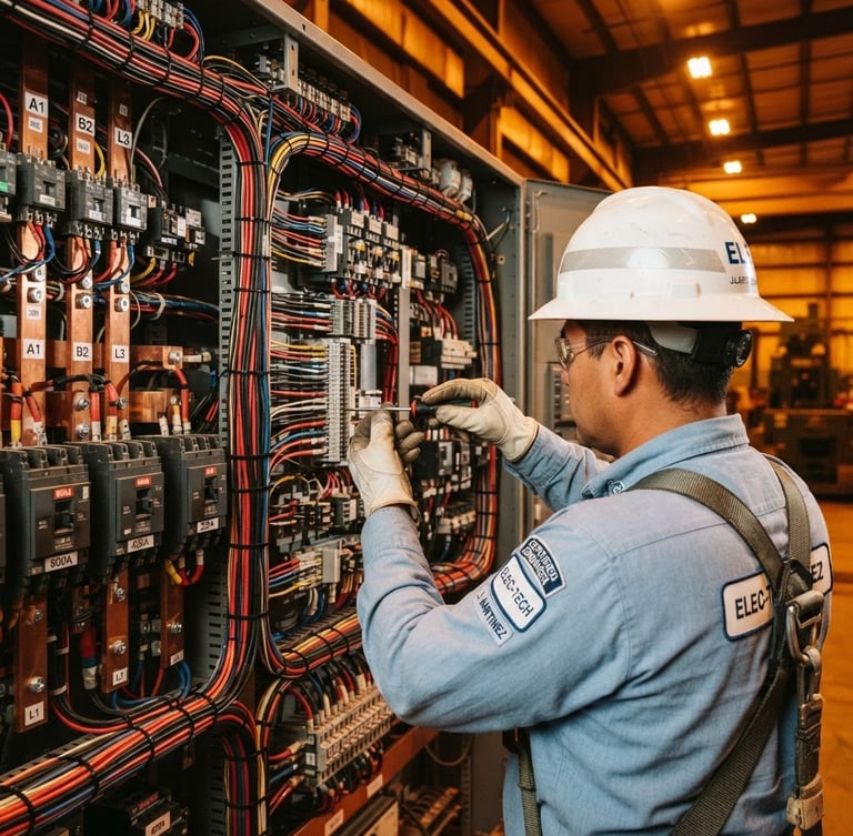 Over-the-shoulder shot of a certified electrical engineer in a white helmet and light blue long-sleeve shirt, working on a massive industrial load center with warm copper lighting and perfectly organized wiring.