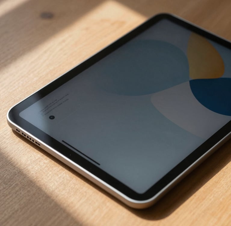 A close-up of a physical Android tablet resting on a clean wooden desk, displaying a high-contrast user interface with large touch targets, natural daylight casting soft shadows.