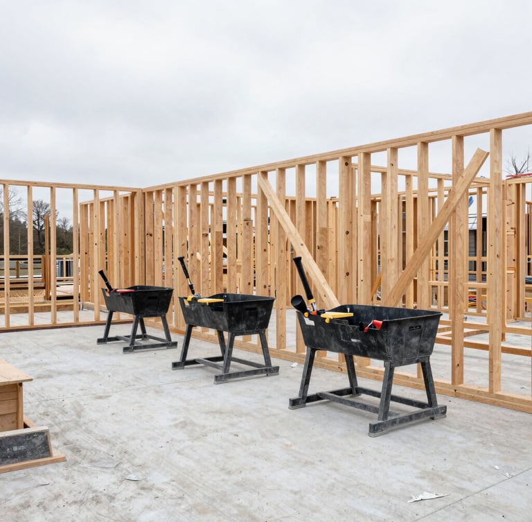 Architectural photography of a clean active residential construction site, organized tools on racks, swept concrete floor, raw timber framing, bright overcast daylight, sharp focus, 35mm lens