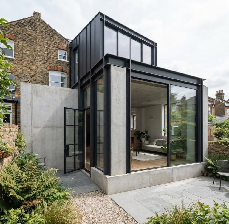Architectural photography of a minimalist residential extension, bright overcast daylight, high-contrast charcoal steel frame, raw concrete walls, sharp focus, 35mm lens