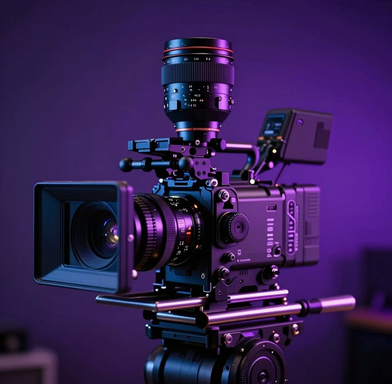 Anamorphic close-up of a high-end cinema camera rig in a dark studio, neon violet backlighting, dramatic rim lighting, shallow depth of field.