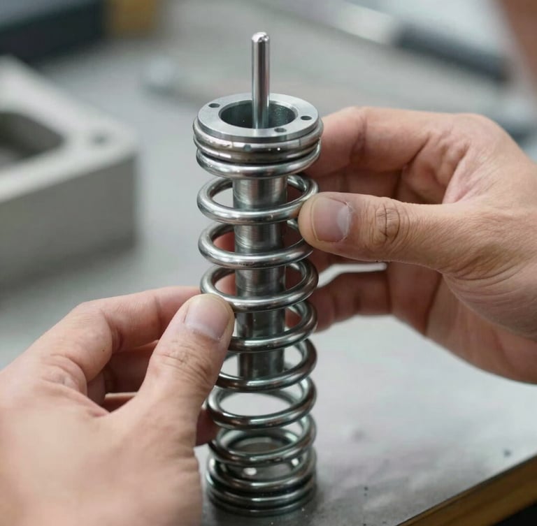 Close-up of a heavy-duty steel torsion spring being adjusted by a professional technician's hands, crisp daylight, high-contrast industrial tones.