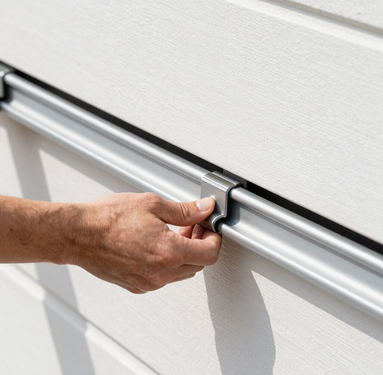Close-up of hands adjusting garage door tracks with mechanical precision, crisp commercial photography, bright daylight