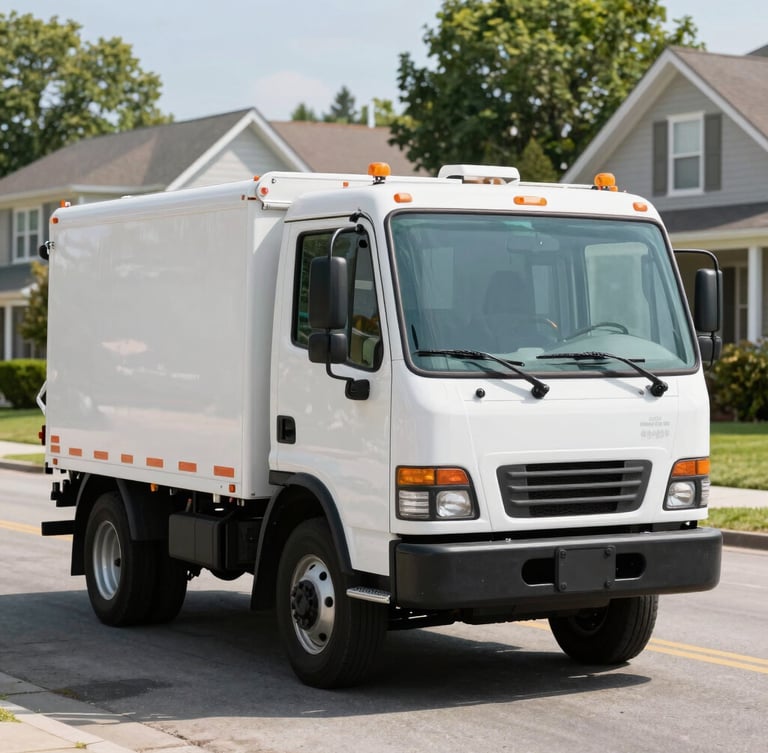 A clean service truck parked on a residential Clinton street in bright daylight, sharp focus, 35mm lens