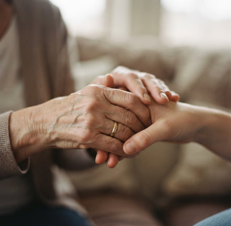 Warm editorial photography of two hands clasped in a supportive gesture, soft diffused natural light, muted compassionate tones, shallow depth of field, 35mm