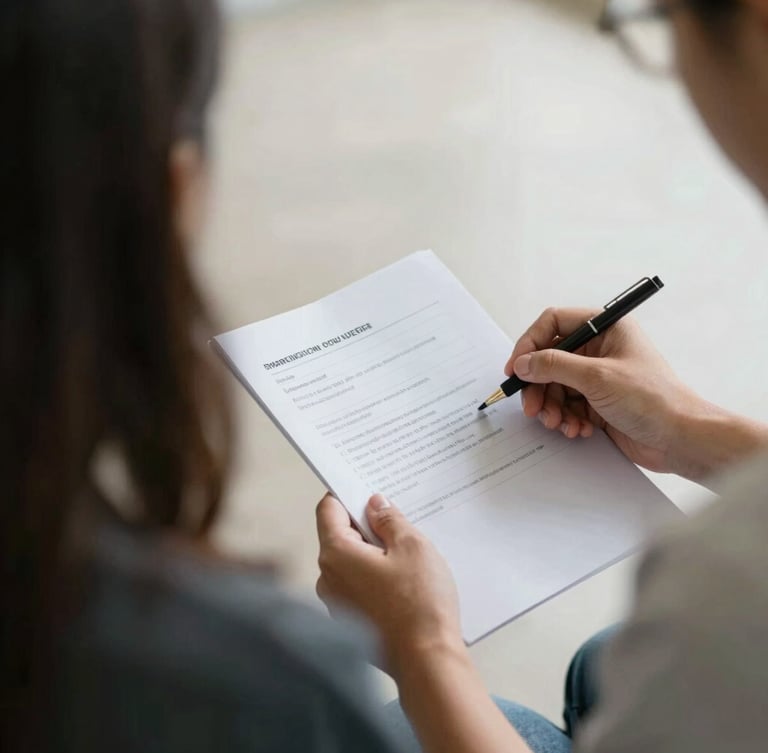 Respectful medium shot of a volunteer's hands holding a manual during a training, soft diffused natural light, muted compassionate tones, shallow depth of field, 35mm, focus on the manual and hands, no explicit text visible.