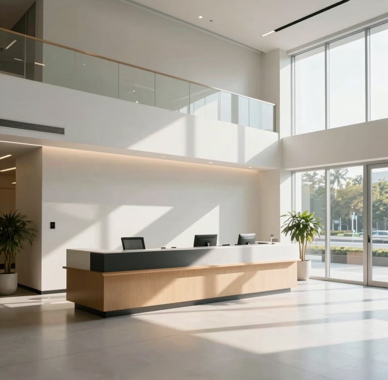 Wide environmental shot of a modern, clean corporate lobby with a minimalist reception area, natural morning light streaming through windows, calm and professional atmosphere.
