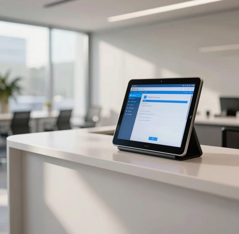 A clean tablet kiosk on a minimalist reception desk in a bright corporate lobby, displaying a secure check-in screen with a Microsoft-adjacent blue interface, soft morning light, wide angle.