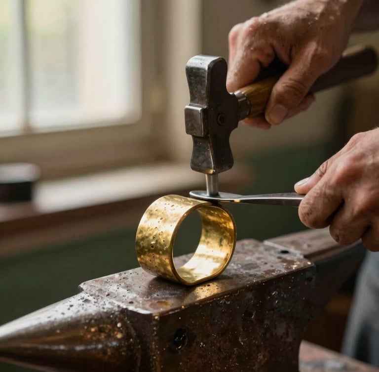 Macro close-up of an artisan's weathered hands hammering a raw brass cuff on an anvil, warm directional window light highlighting the detailed metallic texture and fine hammer marks, soft depth of field.