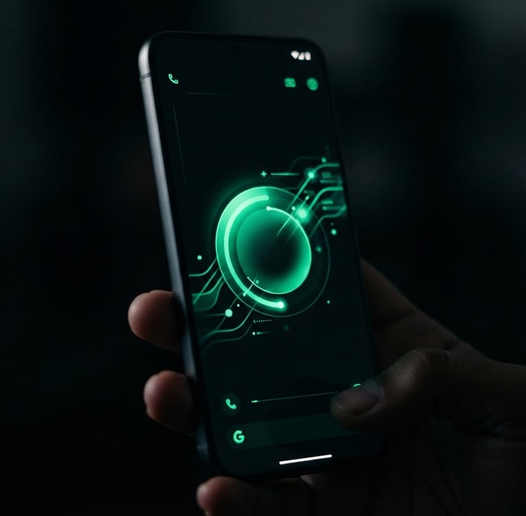 Portrait macro shot of a physical Android device showing smooth UI transitions, realistic screen glow, deep shadows, high-contrast green accents, 35mm
