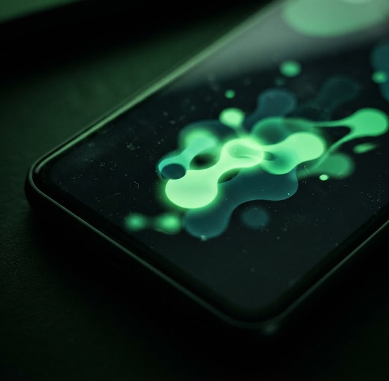 Macro close-up of a physical Android device screen displaying a high-framerate Jetpack Compose UI transition, realistic green screen glow, deep shadows, dark editorial technology photography