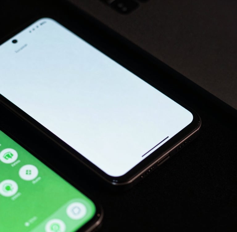 Macro shot of physical Android devices showing smooth UI transitions under realistic screen glow, deep shadows, dark editorial technology photography