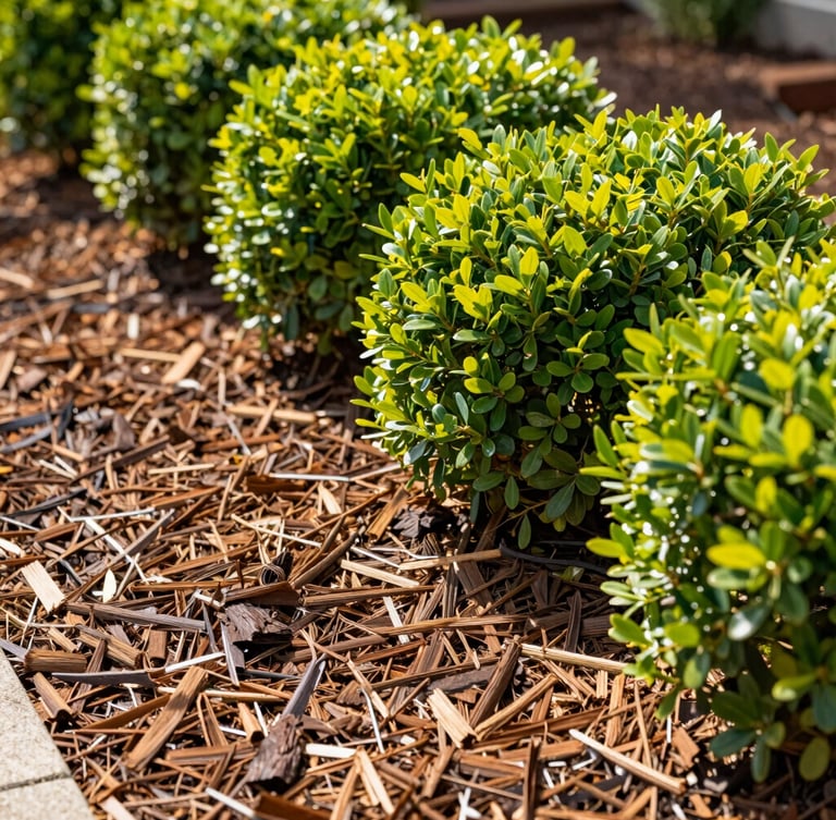 Close-up of clean garden edges, fresh rich brown mulch, and vibrant green boxwood shrubs, bright afternoon sunlight, 35mm.