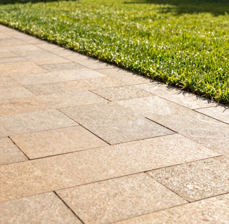 A stunning newly laid stone paver patio in warm afternoon sunlight, clean geometric lines, lush green lawn in the background, sharp focus, 35mm