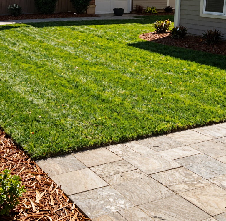 Bright outdoor photography of a pristine residential backyard with freshly cut green lawn, clean-edged mulch beds, and a stone paver patio under warm afternoon sunlight, 35mm