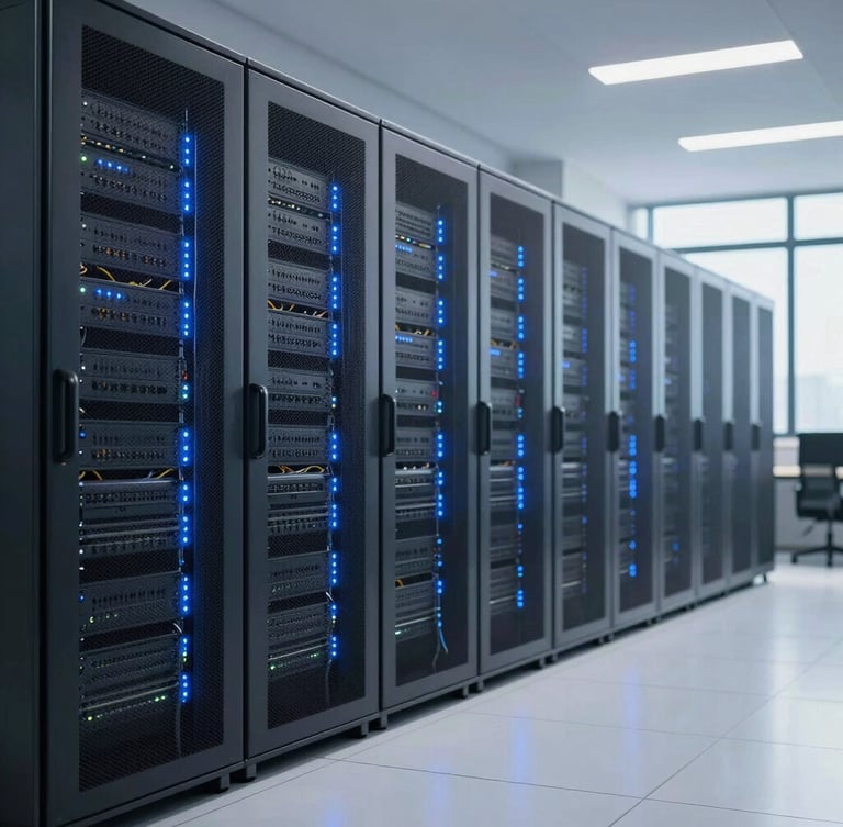 Wide panoramic clean server room with blue LED status lights, neat cabling, and reflective flooring, professional corporate photography